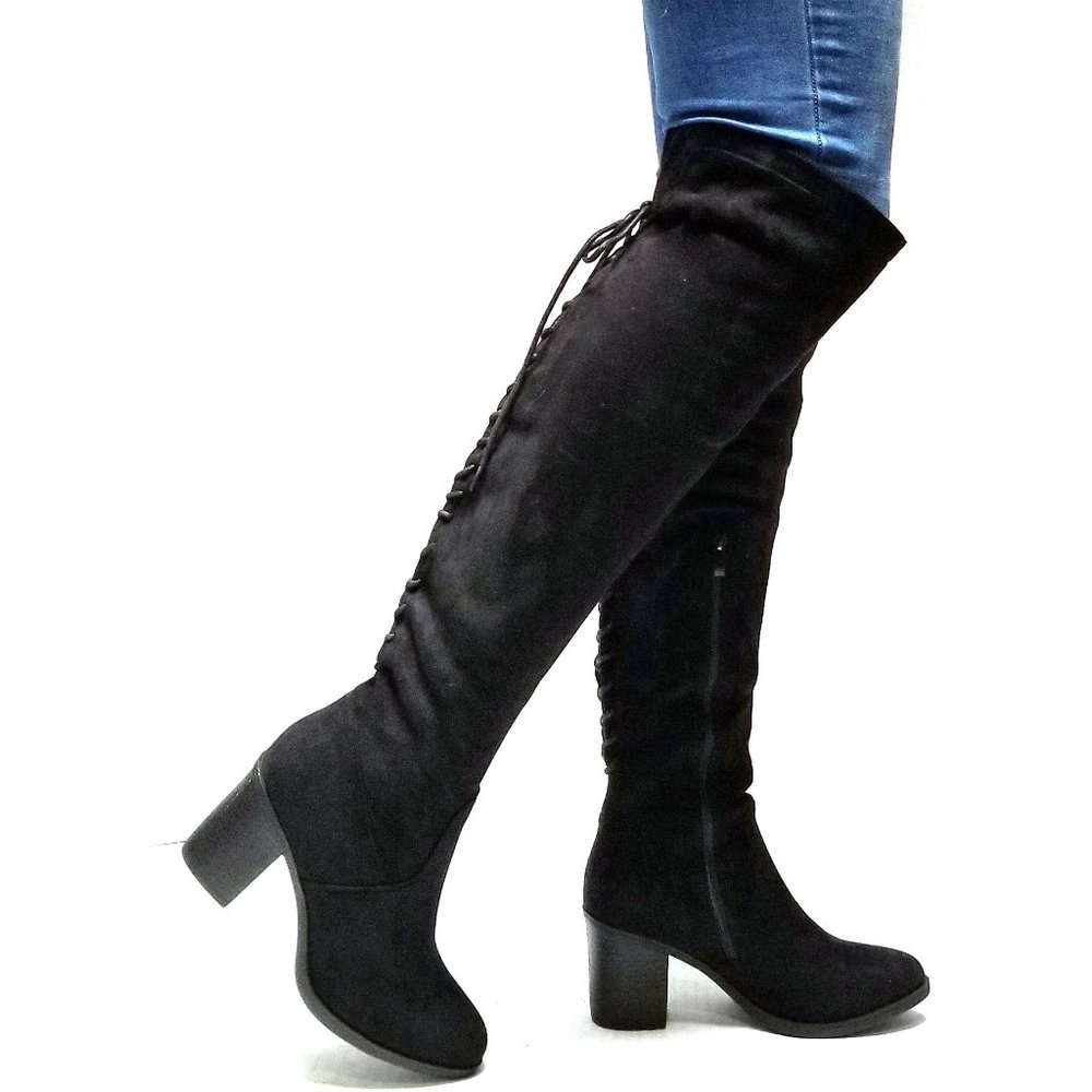 New Black Lace Up Over the Knee Chunky Heel Boots - Picture 4 of 5